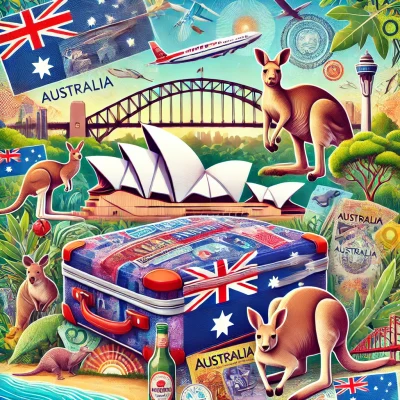 DALL·E 2024-12-14 20.08.56 - A vibrant and artistic collage representing Australia as a travel destination. It features iconic landmarks such as the Sydney Opera House, the Sydney