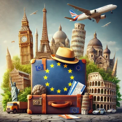 DALL·E 2024-12-14 20.49.57 - A realistic photograph of a travel-themed composition representing Europe. At the center is a suitcase with a European Union flag design. Surrounding